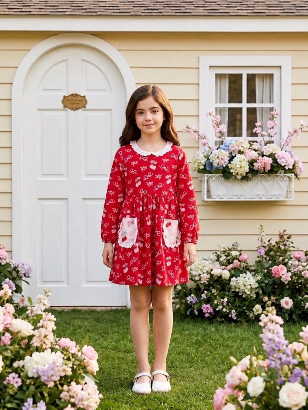 Girls' SweetHoney Red Long-Sleeve Strawberry Dress Set with Shorts Size 10 EUC
